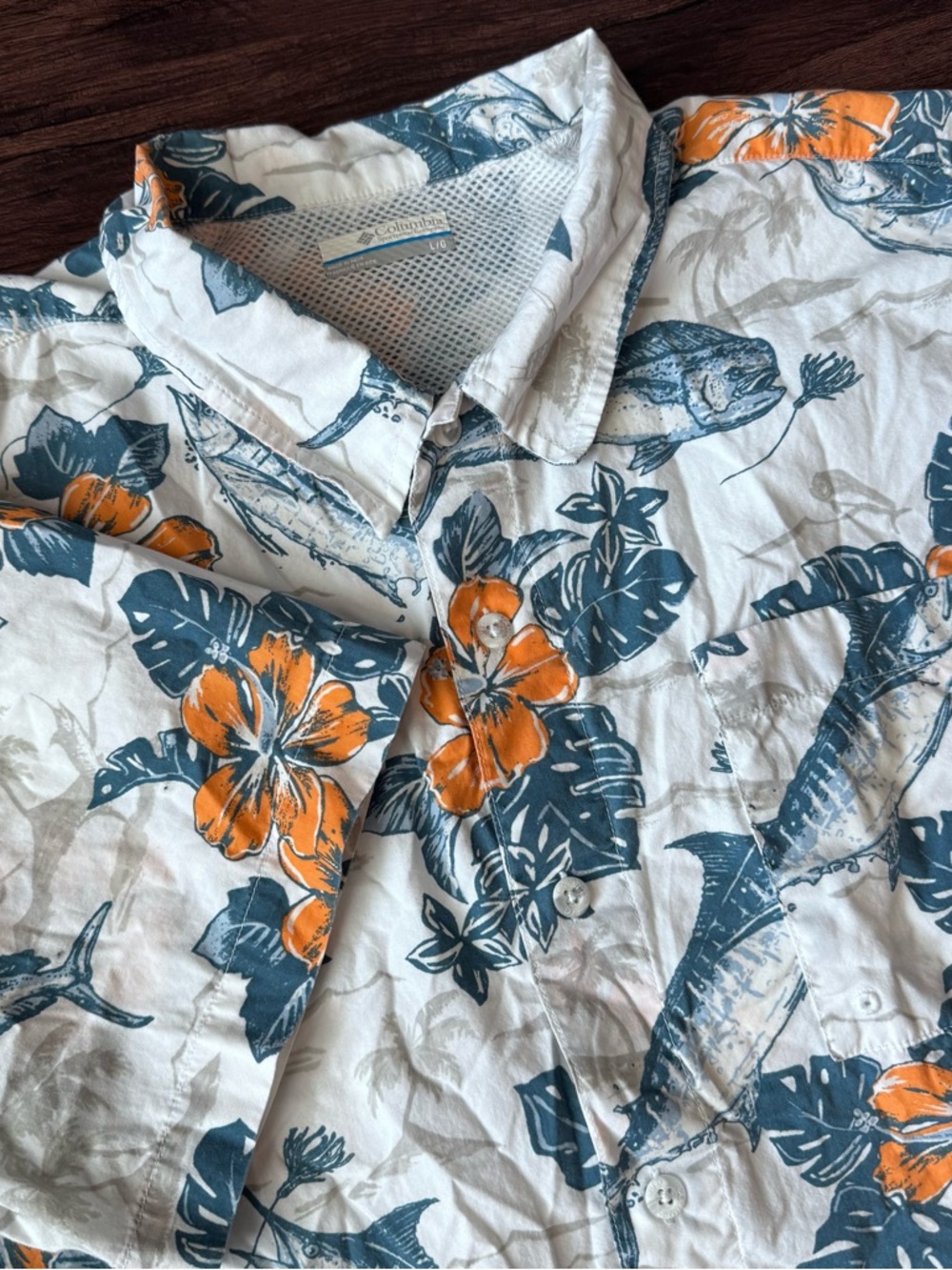 Columbia Men’s Shirt PFG Button All Over Floral Fish Pattern Hawaiian Vented L